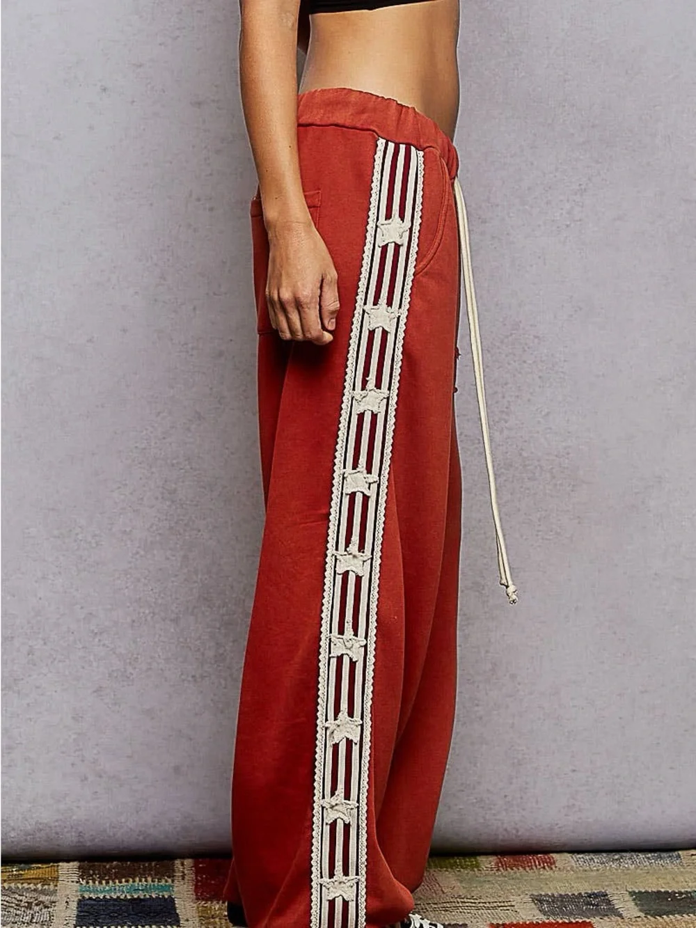 French terry striped patch trim star patch knit pants